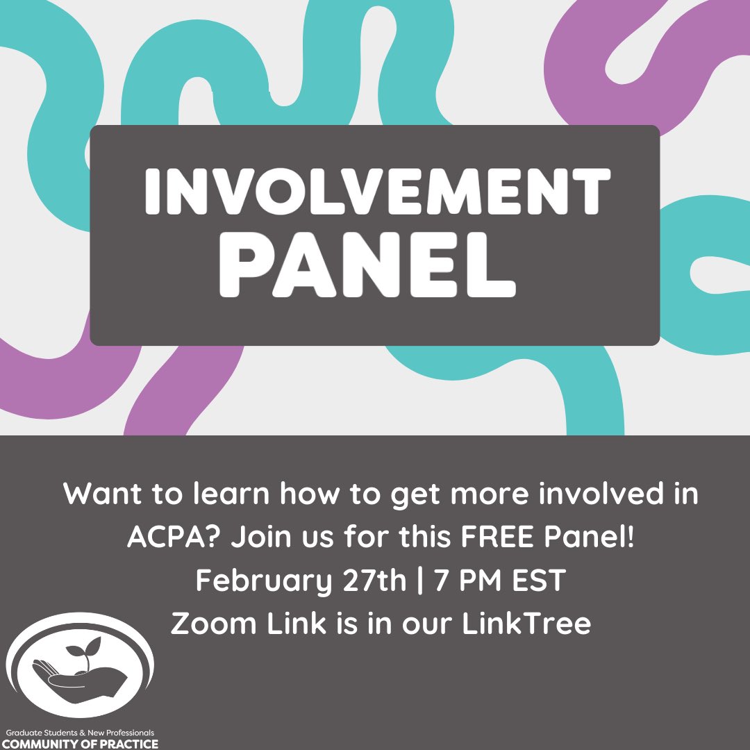 Join GSNP for our Involvement Panel on February 27th at 7 PM EST. 
🌼
Hear from a panel of ACPA members involved in varying entity groups. The panel is free and open to non-members and members, so invite friends interested in ACPA to join! Zoom link is in our LinkTree!