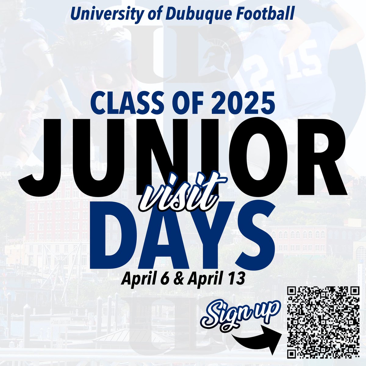 We will be hosting a pair of Junior Day visits for the Class of 2025 April 6th and April 13th. Use the QR Code to sign-up! Come get a first hand look at our football program!