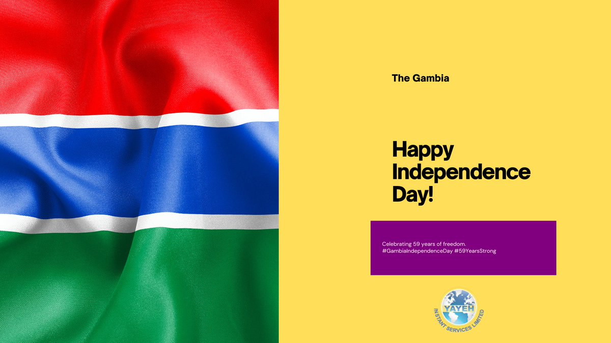 Happy 59th Independence Day, Gambia! 📷 Yayeh Money Transfer Services joins the nation in celebrating this significant milestone. May the spirit of freedom and unity continue to flourish, bringing prosperity and joy to every Gambian.Happy Independence Day, Gambia!