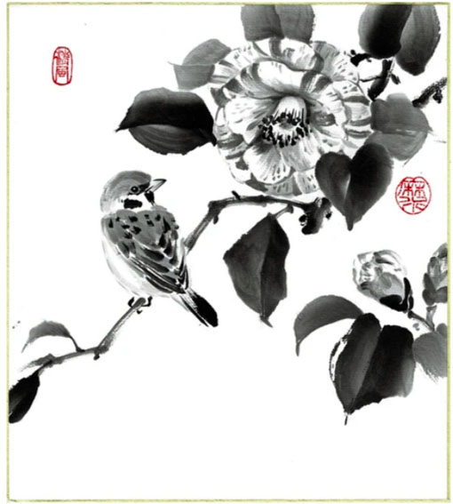 水墨画 椿に雀
