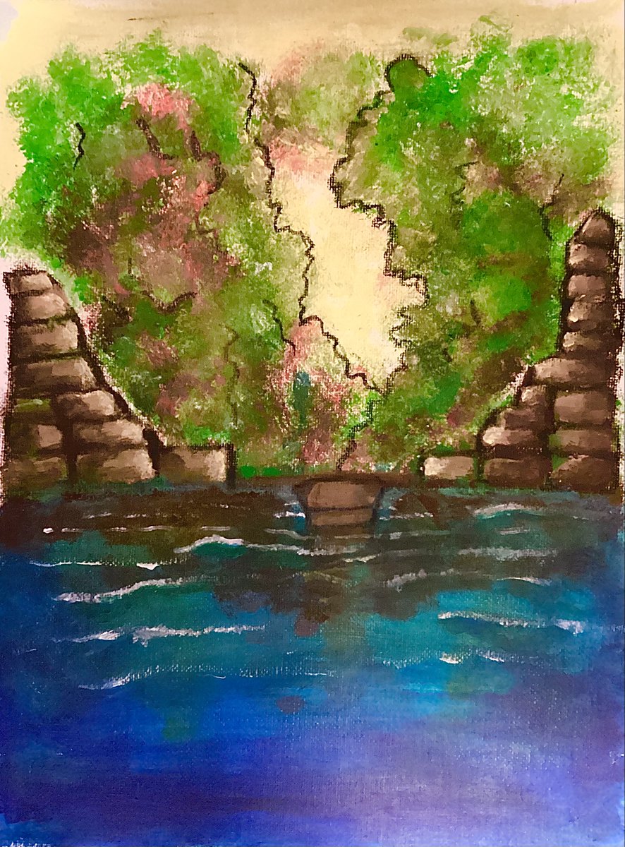 Bob Ross-esque I guess. Acrylics on 2X11 inches canvas.