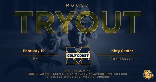 MGCCC 🏈 Annual Tryout is this upcoming Monday Feb. 19th at 4pm… We’re looking for ALL positions during this tryout…