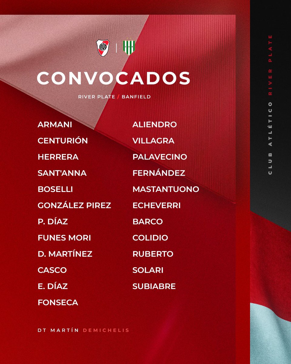 📋 Los convocados para este domingo frente a Banfield en el Mâs Monumental ⚽️💪

#VamosRiver ⚪️🔴⚪️