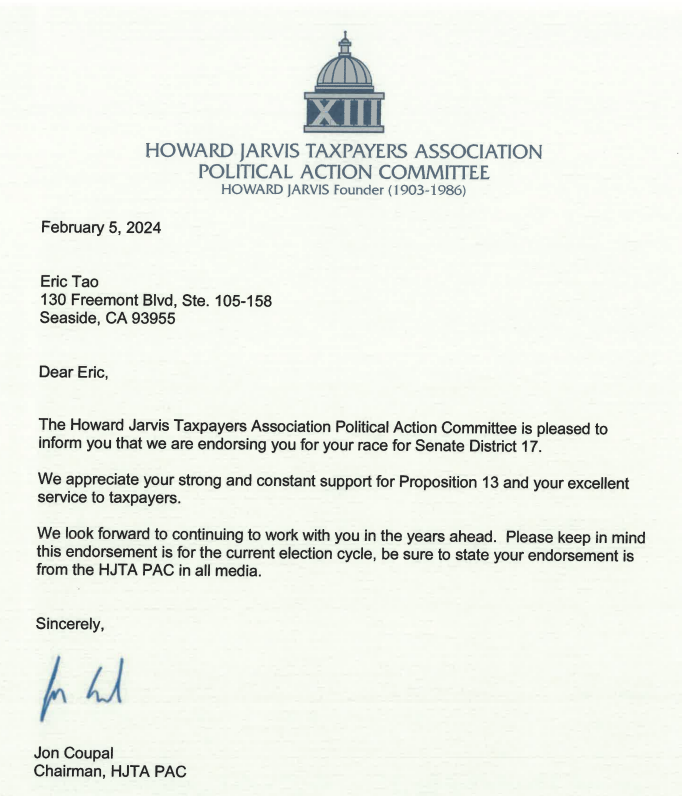 DrEricTao's tweet photo. I will protect your right as tax payer and assure every tax dollar the state collects is accountable, effective and transparent.  I am glad to receive the endorsement from The Howard Jarvis Taxpayers Association. https://t.co/jWDoAYhN9U