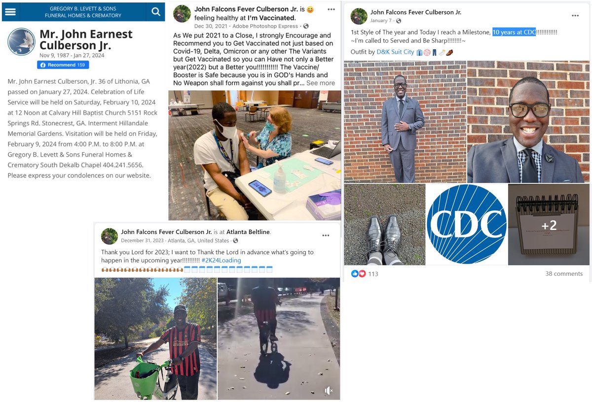Lithonia, GA - 36 year old John Earnest Culberson Jr died suddenly Jan.27, 2024

He just celebrated 10 years at CDC!

'Vaccine/booster is safe because you is in GOD's Hands and no weapon shall form against you'

COVID-19 mRNA Vaccine sudden death?!
#DiedSuddenly #cdnpoli #ableg