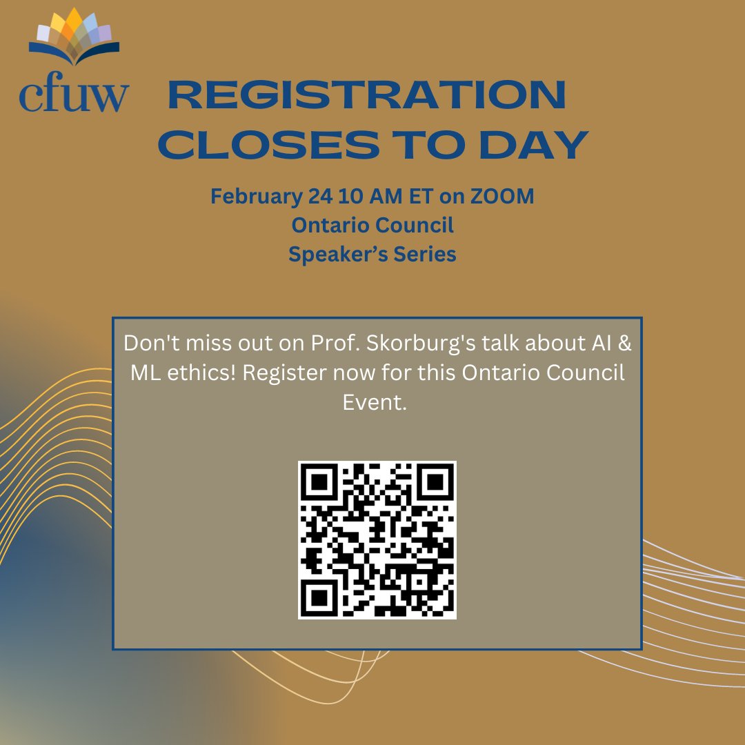 CFUWHamilton's tweet image. Don&apos;t miss out on Prof. Skorburg&apos;s talk about AI &amp;amp; ML ethics! Register now for this Ontario Council Event. Last chance to register! cutt.ly/FwBtOxZv 🌐 #AIethics #MLethics #registration