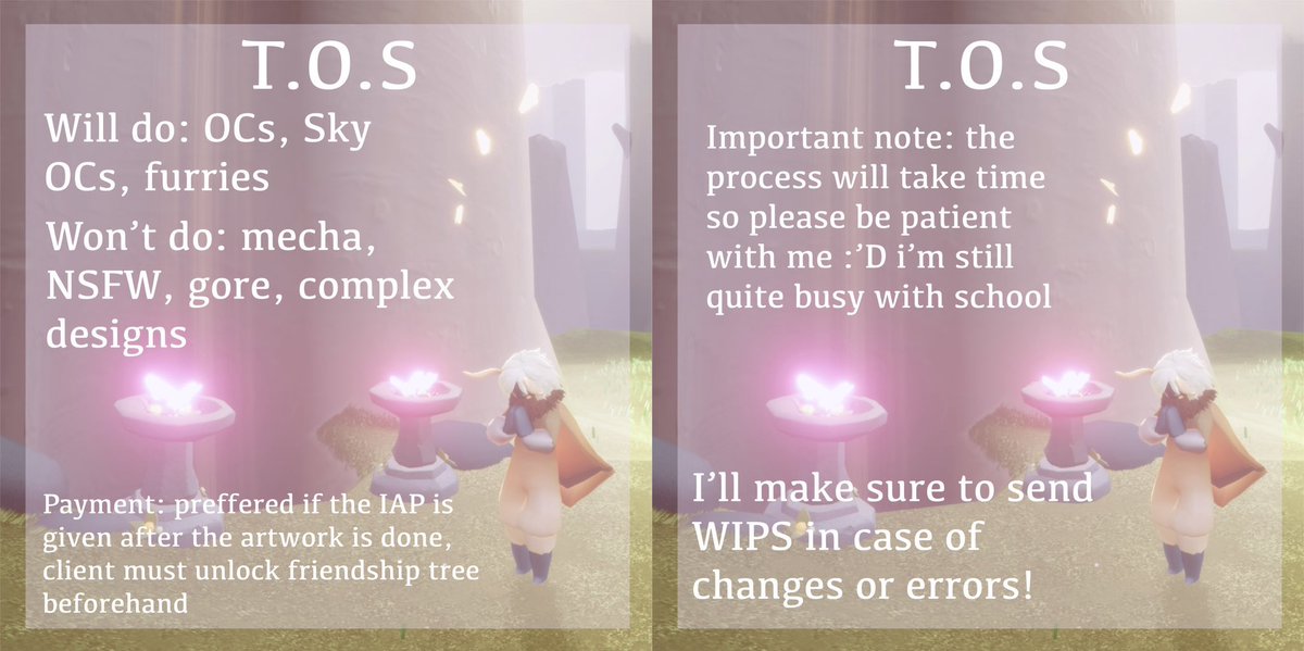rubescent_starz's tweet photo. ⭐️Mika’s IAP commissions!⭐️

Note: Please read the TOS before proceeding!

🎟️Gift of the Nine-Colored Deer [OPEN]
🎟️Radiance of the Nine-Colored Deer [OPEN]

#skychildrenofthelight #skycotl #iapcommissions #skyiapcommissions #art #illustration #ArtistsOfTwitter https://t.co/tdfNmFfuja
