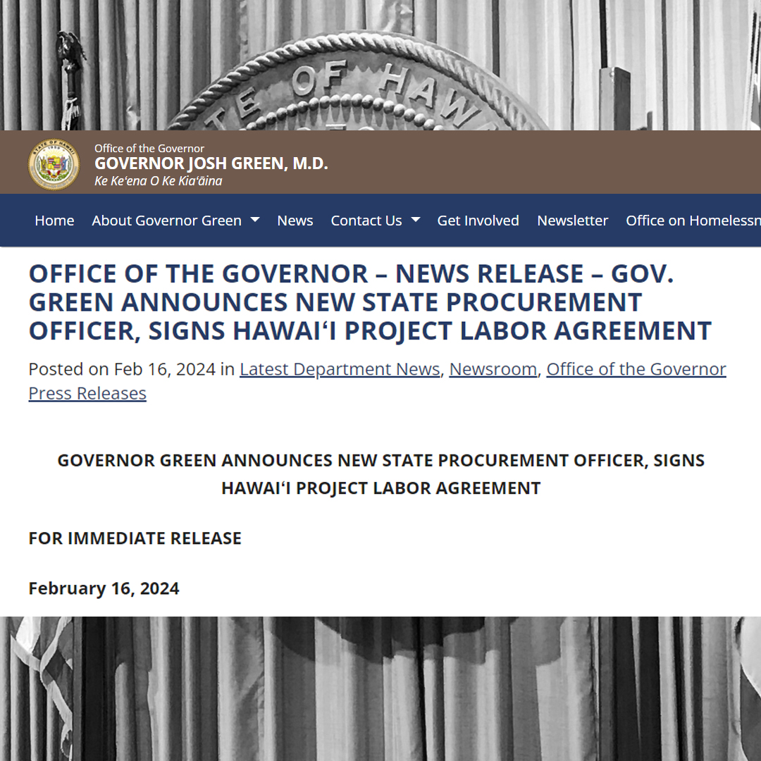 gcahawaii's tweet image. NEWS RELEASE: @GovJoshGreenMD Announces New State Procurement Officer, Signs Hawaii Project Labor Agreement:
➡️ governor.hawaii.gov/newsroom/offic…
-
#PLA #projectlaboragreement #hawaiiPLA #HawaiiProcurementOfficer #gca #generalcontractorsassociation #qualitypeoplequalityprojects #hawaii