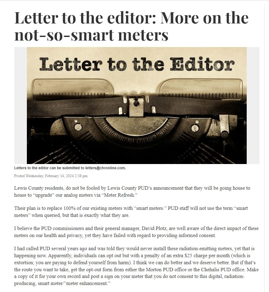 Susan_Dupres's tweet photo. WA STATE #LewisPUD #SmartMeters #AMImeters

More on the Not-So-Smart Meters 

"This is a county-wide intrusion and a threat to the residents of Lewis County."

https://t.co/F2a59BmZMt https://t.co/OLtJF12gYI