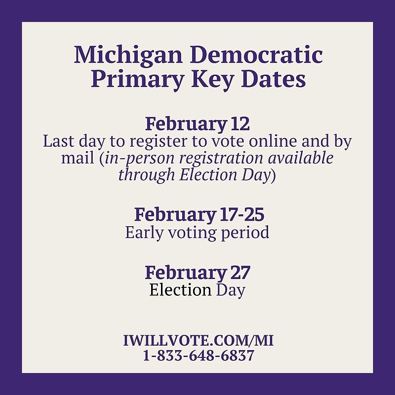 #wtpBLUE
#wtpGOTV24

📣 PRESIDENTIAL PRIMARY 📣

Michigan 
February 27, 2024

Early voting through the 25th❗️
Polling locations 👇

Save democracy with your vote. 

💙 Let's #SoarIn24 with Joe Biden

*Note: MI Congressional Primary is 8/6

👉 mvic.sos.state.mi.us