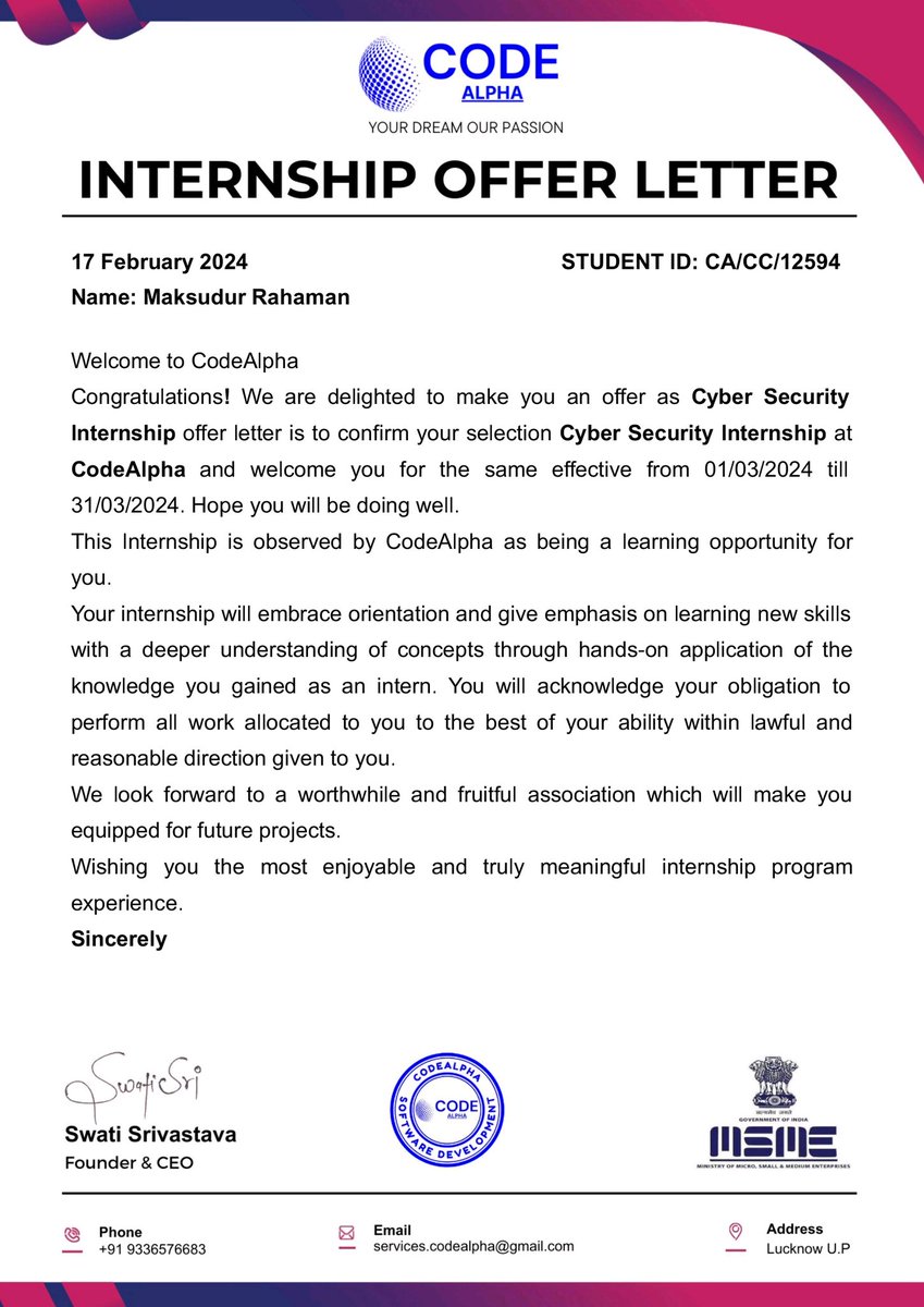 h4x0r3rr0r's tweet image. I am thrilled to share that I have been offered a prestigious internship opportunity at CodeAlpha in the field of Cybersecurity! 🚀
From March 1st to March 31st, 2024, I'll be diving deep into the world of cybersecurity with a talented team at CodeAlpha.
#CodeAlpha #Internship