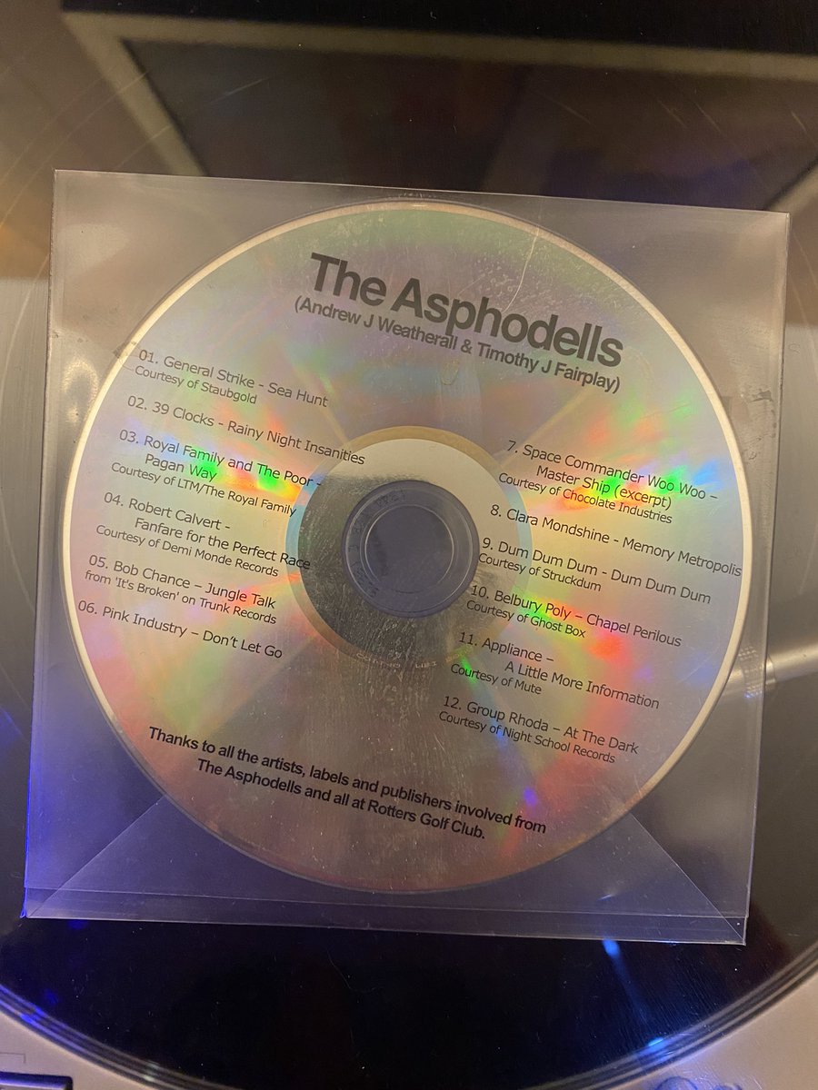 DrCEMJarvis's tweet photo. Saturday night and it’s a CD only compilation, based on music
Weatherall and Fairplay were listening to when recording the LP The Asphoells.

#NowPIaying #vinylrecords #notvinyl https://t.co/XygzFFuejj
