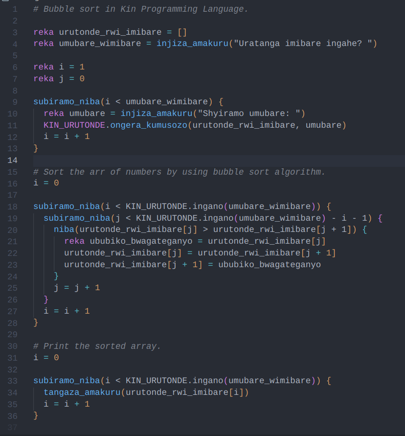 Writing algorithms in Kinyarwanda 😀🔥

This is an implementation of Bubble sort by using #kinlang, a newly created programming language to aid Rwandans in writing computer programs in our mother language #Kinyarwanda.

Check it: kinlang.vercel.app

Made in <a href="/RwCodingAcademy/">Rwanda Coding Academy - RCA</a>