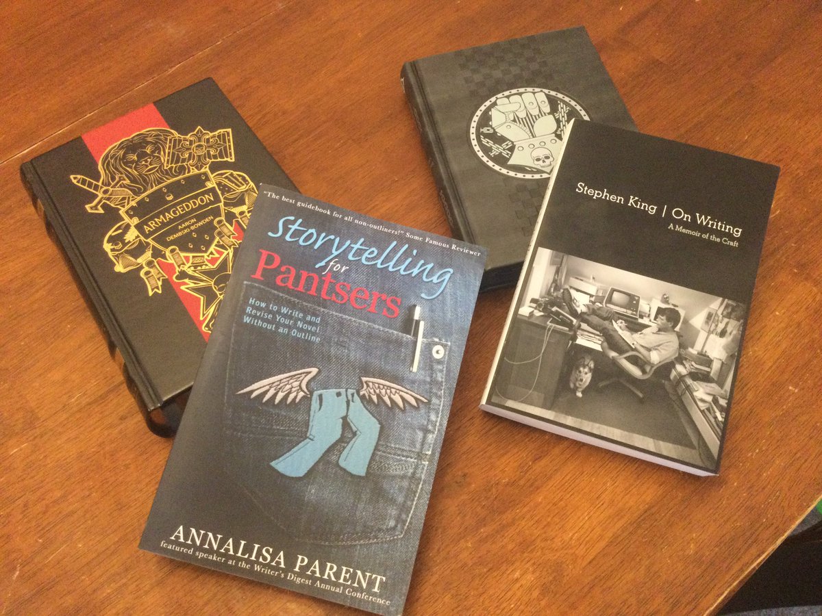 PeterEasting's tweet photo. What I #read, what I’m #reading, what I’m #studying

#Armageddon, by Aaron Dembski-Bowden
A Black Templars and Steele Legion tale.
#storytellingforpantsers, by Annalisa Parent

#CthoniasReckoning, by a host of #blacklibrary authors

#OnWriting, by Stephen King https://t.co/jh0f49z37T