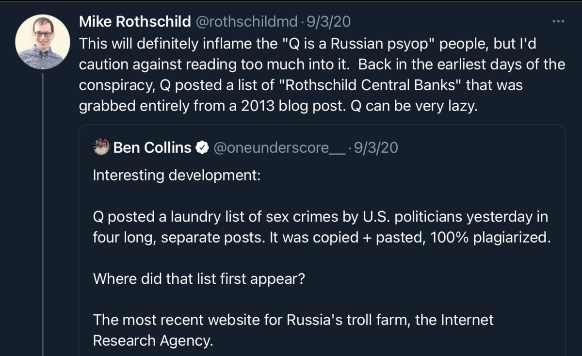 PSA: Mike Rothschild is a fake journalist working with Mike Flynn Jr.’s friend, internet terrorist Doug Stewart, incel Gamergate/8chan cult leader Fred Brennan, disinfo podcast QAnonAnonymous & an army of digital soldiers to defraud the press & public for over 5 years.

Despite…