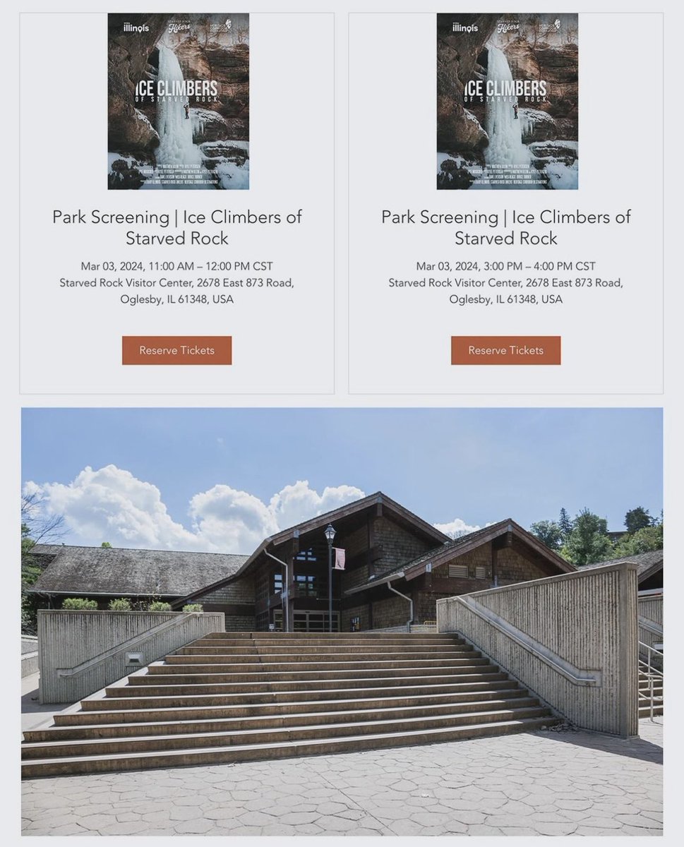 The next screening of Ice Climbers of Starved Rock is scheduled for Sunday, March 3 at 11am and 3pm at the Starved Rock State Park Visitor Center. Free tickets are required, learn more at starvedrockhikers.com/ice-climbers