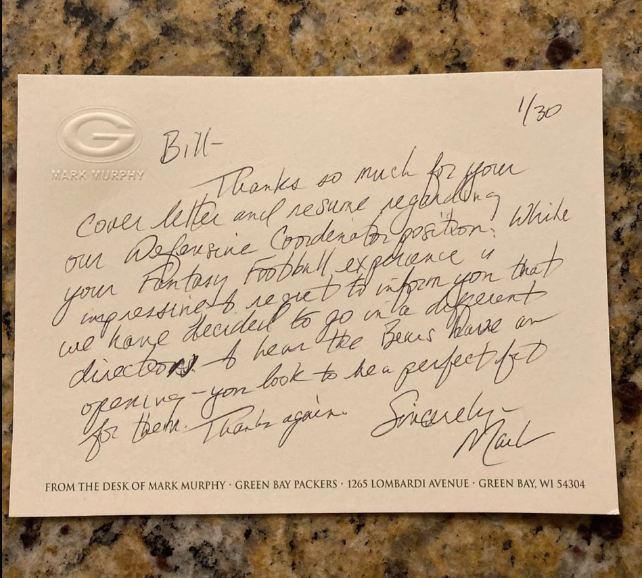 Mark Murphy '77 sent a perfect rejection letter to a fan who took a shot and applied to a defensive coordinator role according to Sports Illustrated. bit.ly/48g2Vuv