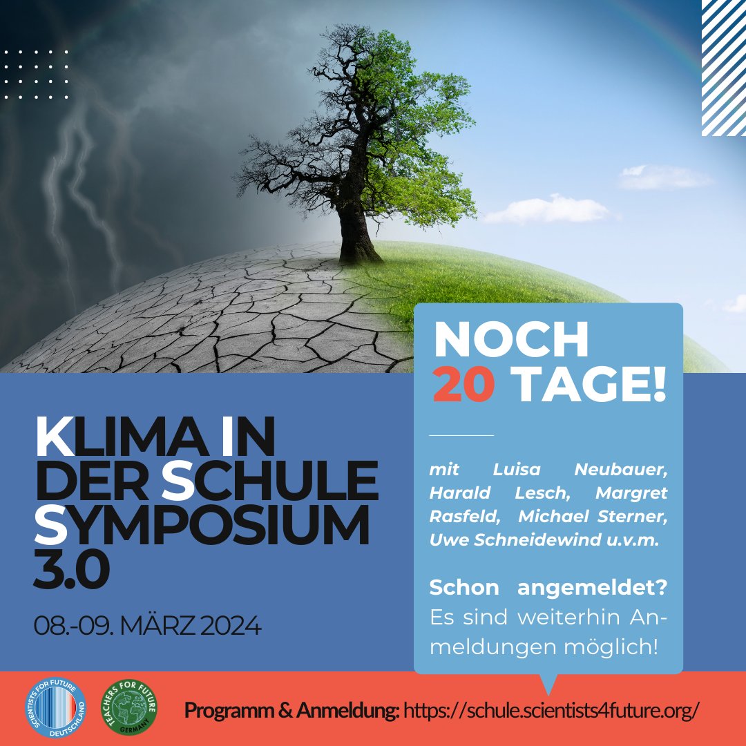 Noch 20 Tage bis zum “Klima in der Schule Symposium” (KISS) 3.0! 🔥

👉 Bist du schon angemeldet? Wenn nicht, schau unbedingt auf unserer Webseite (schule.scientists4future.org/kiss-2024/) vorbei. Dort findest du auch eine Übersicht des geplanten Programms und weitere Informationen.