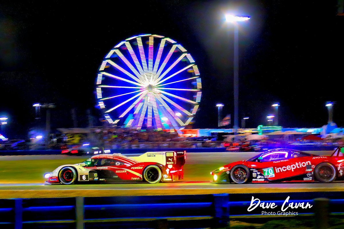 #dailyactionshot #rolex24 Racing in the night #penskeporsche963 #optimummotorsport McLaren. Looking good. It's not often you get that shot of the Ferris wheel and two cars with #glowingbrakes I'd call it a win. #imsa #motorsport #photography
