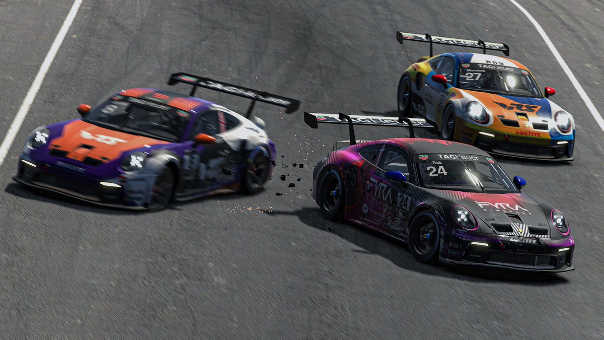 PorscheRaces's tweet photo. #PESC - Usually a bad idea to go into the final lap at #LeMans in the lead. @CooperWebstre took the gamble and won his 1st #Porsche @TAGHeuer #Esports #Supercup race anyway. 
Behind him: @alexsanb47, @JCaruso012 &amp; @Chris_Lulham_20. As 7th @SebastianJob_ kept championship lead https://t.co/Y7D2qFhDuF