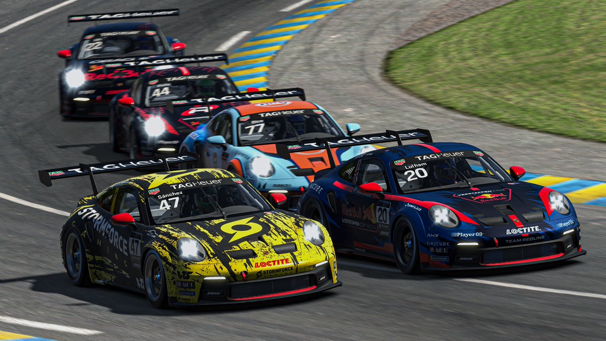 PorscheRaces's tweet photo. #PESC - Usually a bad idea to go into the final lap at #LeMans in the lead. @CooperWebstre took the gamble and won his 1st #Porsche @TAGHeuer #Esports #Supercup race anyway. 
Behind him: @alexsanb47, @JCaruso012 &amp; @Chris_Lulham_20. As 7th @SebastianJob_ kept championship lead https://t.co/Y7D2qFhDuF