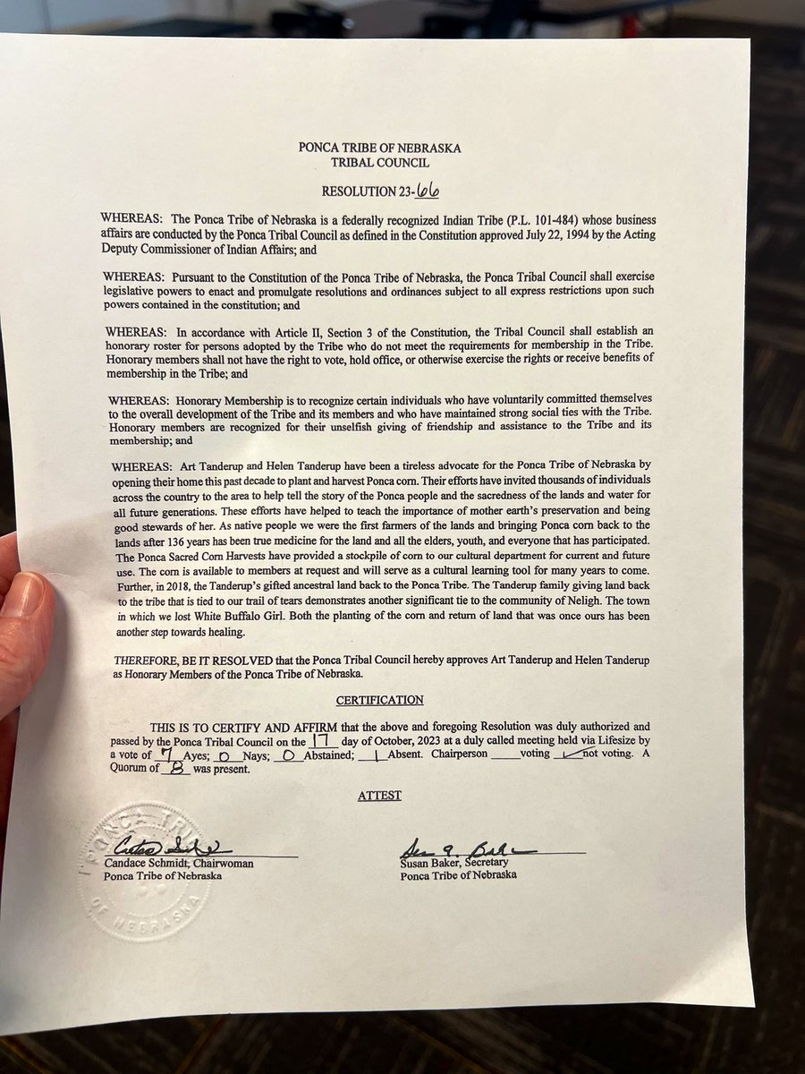 Today the Ponca Nation of Nebraska named Art and Helen Tanderup honorary members of the tribe. We are grateful for the friendship of the Poncas. #LandBack #NoKXL #PoncaCorn