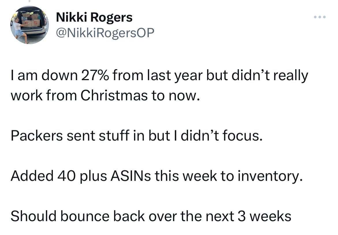 Still down from last year but my monthly and weekly trend is now closing the gap.

Just came down to sourcing more. 

I was active on 100ish ASINs after Christmas and now I am active on 175ish ASINs