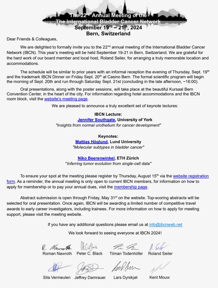 IBCN (@ibcn1997) on Twitter photo We are excited to announce that meeting registration and abstract submission for the 2024 IBCN Annual Meeting in Bern, Switzerland is now OPEN! Please visit ibcnweb.com for all the details. #IBCN2024 <a href="/pcvblack/">Peter Black</a> <a href="/ttodenhoefer/">Tilman Todenhöfer</a> <a href="/Roland3097/">Roland Seiler-Blarer</a> <a href="/LDyrskjot/">Lars Dyrskjøt</a> <a href="/mouwlab/">Kent Mouw</a> We are excited to announce that meeting registration and abstract submission for the 2024 IBCN Annual Meeting in Bern, Switzerland is now OPEN! Please visit ibcnweb.com for all the details. #IBCN2024 <a href="/pcvblack/">Peter Black</a> <a href="/ttodenhoefer/">Tilman Todenhöfer</a> <a href="/Roland3097/">Roland Seiler-Blarer</a> <a href="/LDyrskjot/">Lars Dyrskjøt</a> <a href="/mouwlab/">Kent Mouw</a>
