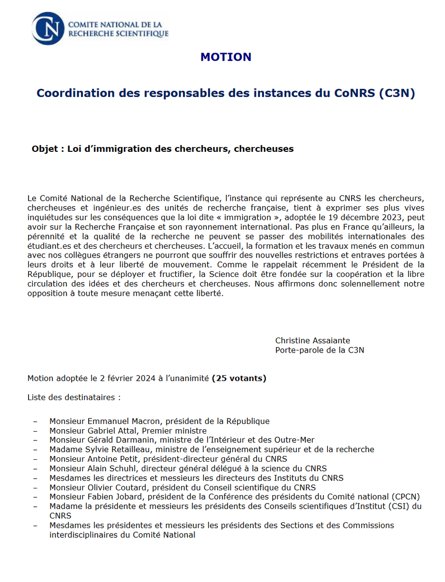 Michela_Russ0's tweet image. #LoiImmigration Motion adoptée par la Coordination des responsables des instances du #CoNRS (#C3N) le 2 février 2024: