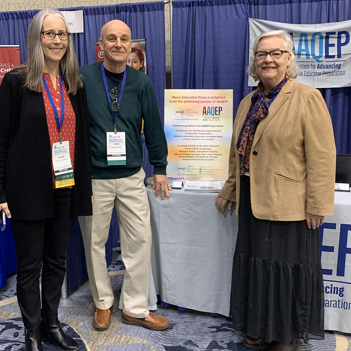 At #AACTE24, delighted to exhibit with two of our favorite publishing partners. Pictured: CPED - Jill Perry and Monica Wilkerson. AAQEP - Chris Myers with Karen Lowenstein and Linda McKee.