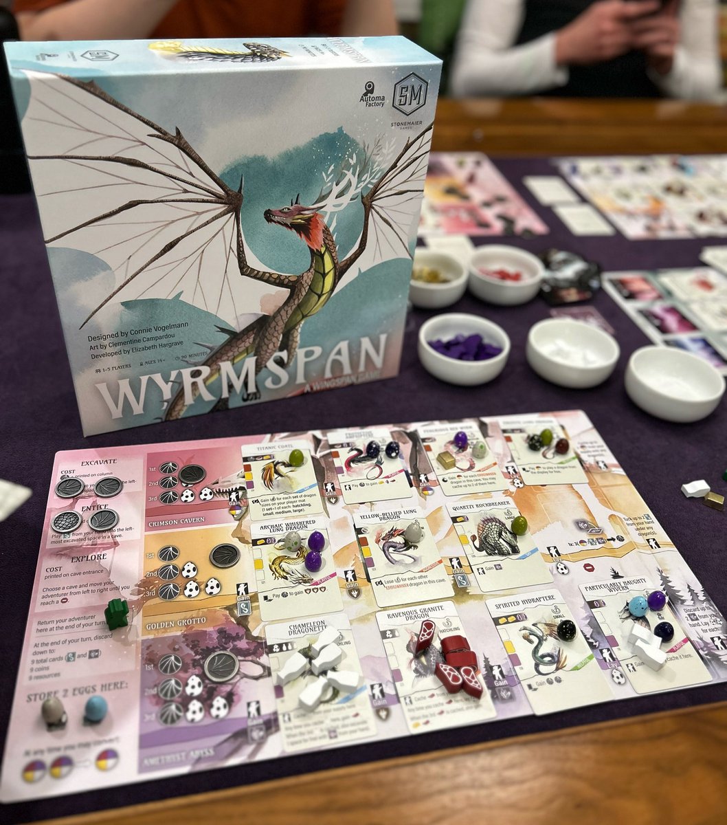 Wyrmspan by @ConnieVDC and @stonemaiergames last night! Definitely a different game from Wingspan, but fans will find the feel and flow familiar while the coin action system increases decision space. Plus DRAGONS! The hatchlings are so adorable. Super enjoyed, want to play again!