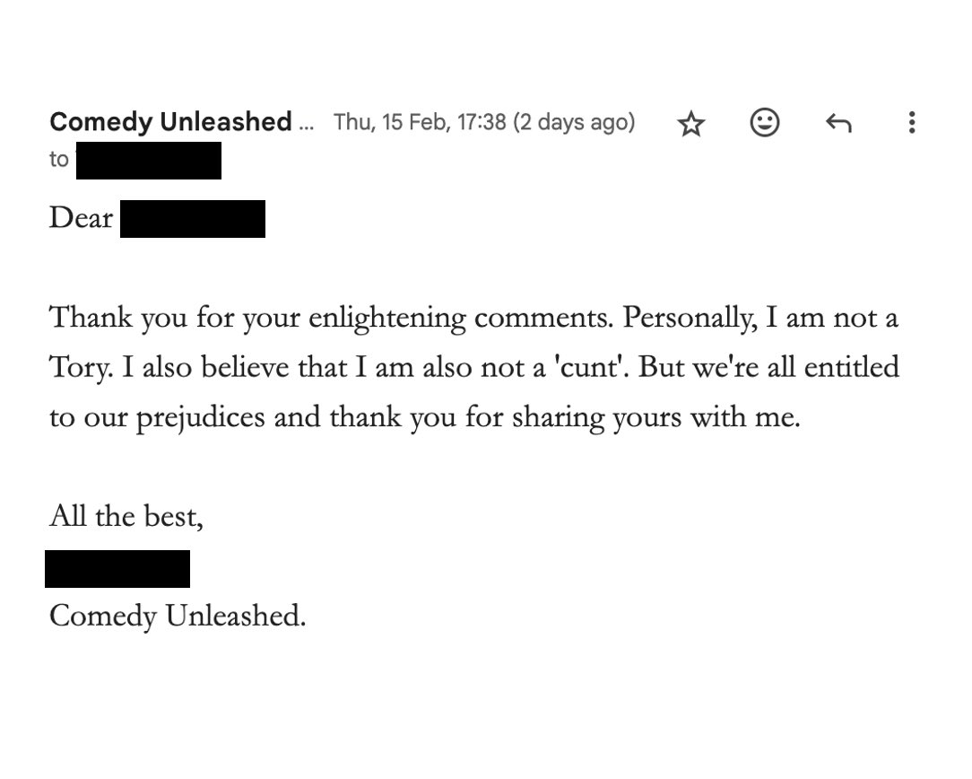 Comedy Unleashed Complaints Department responds appropriately👇
