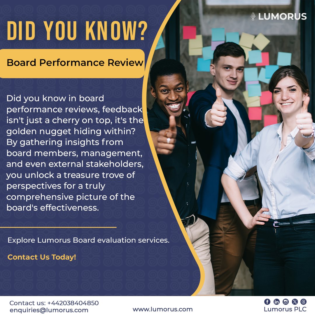 Want to unlock the secret weapon for high-performing boards?  It's feedback! ️ Gather diverse perspectives for a truly valuable review.

Explore Lumorus Board evaluation services. Contact us!

#boardassessment #continuousimprovement #lumorus