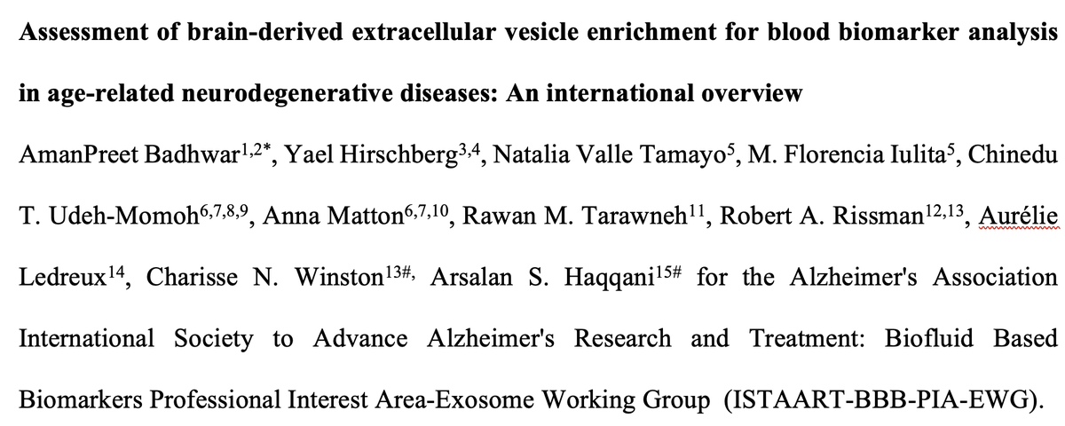 Aman_Badhwar's tweet photo. Woohoo ACCEPTED in Alzheimer's &amp; Dementia - "Assessment of brain-derived extracellular vesicle enrichment for blood biomarker analysis in age-related neurodegenerative diseases: An international overview" accepted . Was a pleasure working with @ISTAART BBB-PIA-EWG. https://t.co/F8sENEVl50