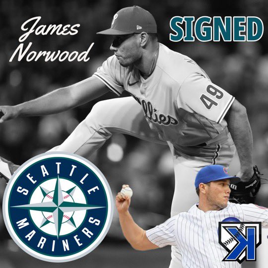 jukoachk's tweet image. ‼️Free Agent Signing Alert‼️

I knew it wouldn't be long after his showing at K's Pro Day where he sat 95-96 with a 🤮Splitty and a revamped Slider... But now it's official...

Congrats to #KsPro James Norwood on signing with the Mariners!!