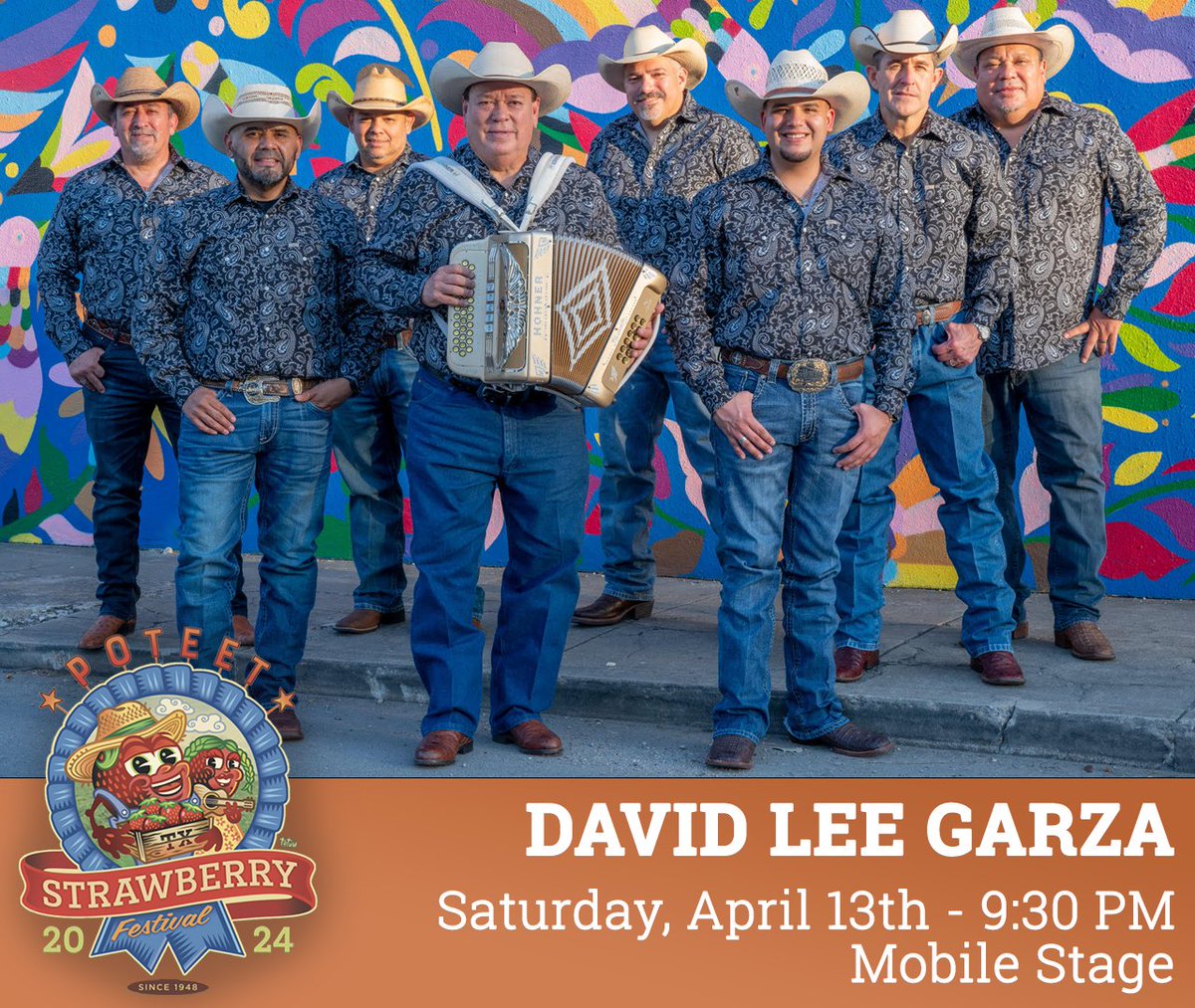 StrawberryFestx's tweet image. 🤠🍓 David Lee Garza y Los Musicales bringing the heat to #PSFTX2024! LIVE @ 9:30 pm CT April 13th. A day of live music, delicious food, &amp;amp; family fun! Tickets start at just $20. Buy Tix NOW at StrawberryFestival.com/Tickets #Poteet #Texas #StrawberryFestival #LIVEMusic #TejanoMusic 🎶🍓