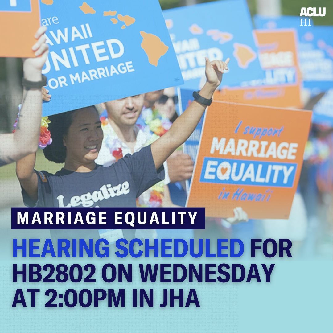 acluhawaii's tweet photo. On Wednesday, February 21st at 2:00pm the Judiciary &amp; Hawaiian Affairs Committee is hearing HB2802. Submit Testimony in support of HB2802 and ensure LGBTQ people have the freedom to marry the person they love in the Hawai’i State Constitution #hileg https://t.co/rJO9JtztBh