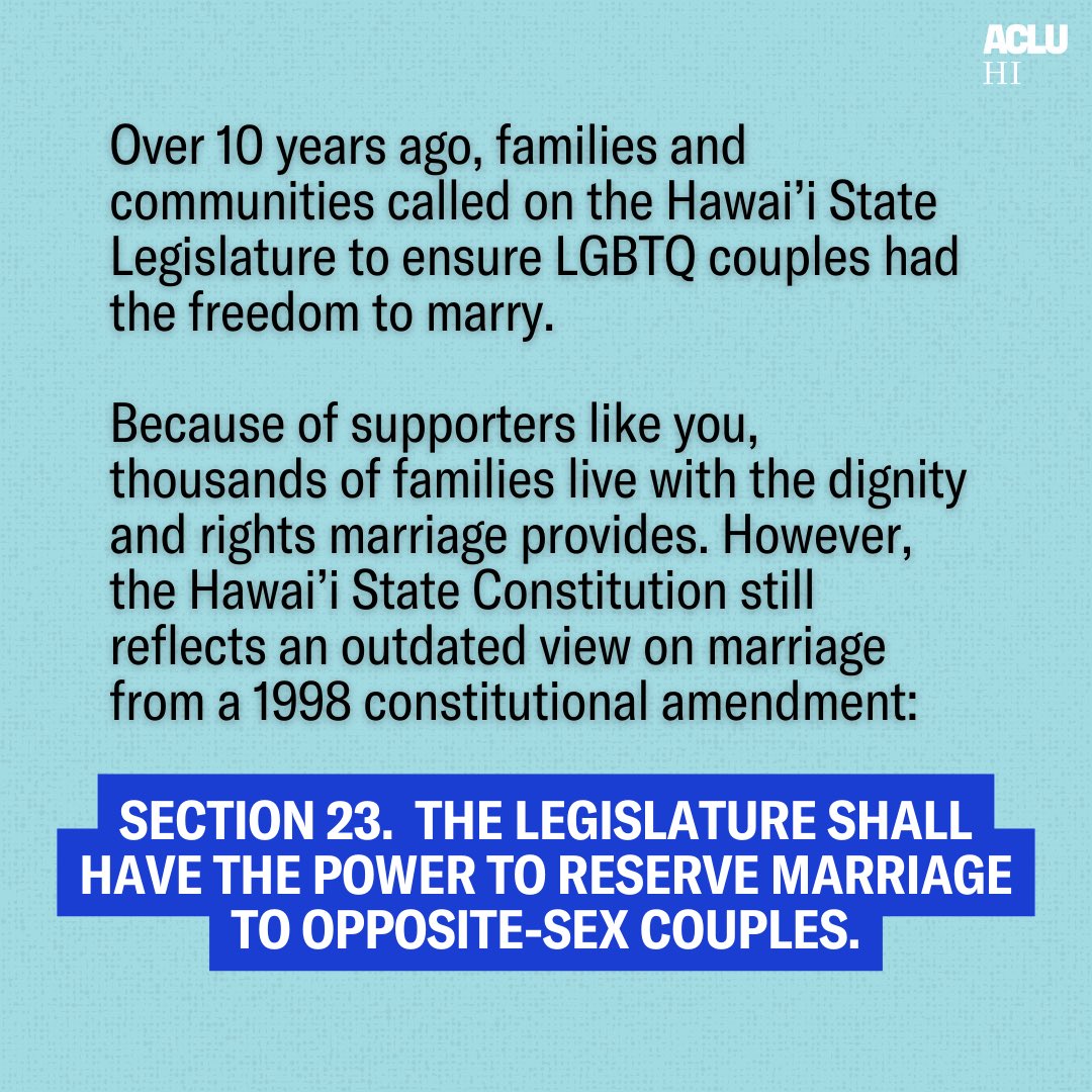 acluhawaii's tweet photo. On Wednesday, February 21st at 2:00pm the Judiciary &amp; Hawaiian Affairs Committee is hearing HB2802. Submit Testimony in support of HB2802 and ensure LGBTQ people have the freedom to marry the person they love in the Hawai’i State Constitution #hileg https://t.co/rJO9JtztBh