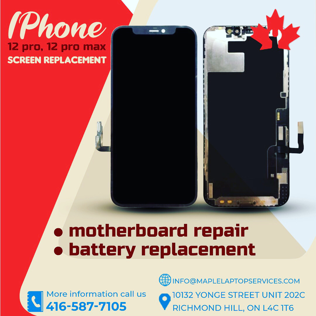 MapleLaptopLtd's tweet photo. Maple cell phone and laptop repair in Richmond Hill fixes apple iphone 12 series broken screen. #applerepair #iphonerepair #iphonescreenrepair #iphonebatteryrepair #iphonebackglassrepair #iphonemotherboardrepair #iphonewaterdamagerepair #iphonechargingportrepair #iphonewifirepair https://t.co/e8SOteSLm1