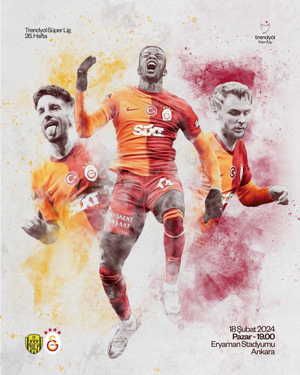 #BugünGünlerdenGALATASARAY 💪

🏆 Trendyol Süper Lig 2023-2024 Sezonu
🗓️ 26. Hafta
⚽ MKE Ankaragücü
📆 18.02.2024
⏰ 19.00
🏟️ Eryaman Stadyumu
📲 #AGvGS