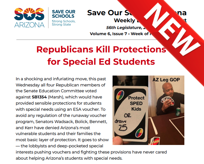 Another week, more #AZLeg shenanigans. Read all about it at bit.ly/Feb19EdReport 🚫 AZ Republicans vote NO on protections for SPED students 🚨 Flawed #Prop123 fix moving swiftly - speak up! 💸 ESA voucher fraud uncovered