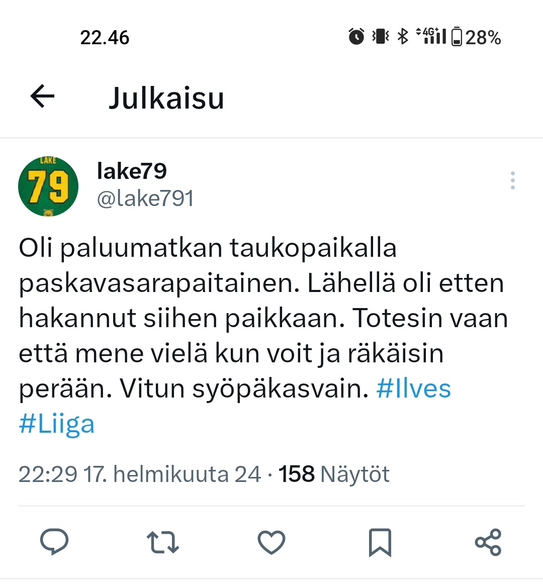 McJoGGe's tweet photo. Mitä kaikkea 12 tunnissa tapahtuukaan. Sinä @lake791 et onneksi edusta #Ilves yhteisöä. Sinä et ole osa sitä syytä, jonka vuoksi vierasjoukkueen on turvallisempaa jättää kausikorttilaisina lapsensa kotiin.#Liiga https://t.co/6TL5Hxx10r