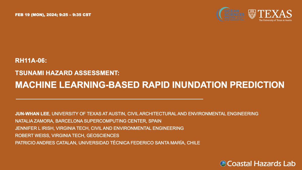 I'll be at #OSM2024 next week! Looking forward to presenting my #tsunami #ML project on Feb 19 (Mon) at 9:25 AM. Please also consider attending our Nearshore Processes session! See you there!🌊 @ut_caee @theAGU