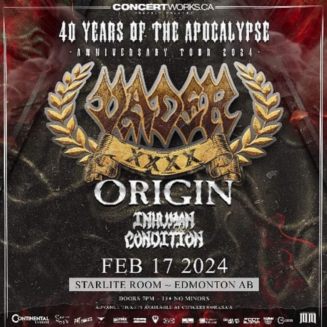 BandInhuman's tweet photo. Hey Edmonton π£οΈππΌ
The 40 Years Of The Apocalypse Tour just pulled up to The Starlite Room
Get down here and thrash with
Vader
Origin
Inhuman Condition
Doors at 7:00 .... Let's go !!!
#ratgod #fearsick #godzilla #panicprayer #floridadeathmetal #getoffyourass https://t.co/KZRg0sq0VM