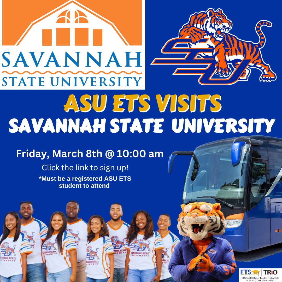 Pack your bags, ASU ETS fam! 🎒 We're hitting the road to explore Savannah State University on March 8th! 🚌🌟 Ready to embark on this exciting adventure? Sign up now using the link in our bio!
•
•
#asuets #albanystateuniversity #educationaltalentsearch #georgiatrio #trioworks