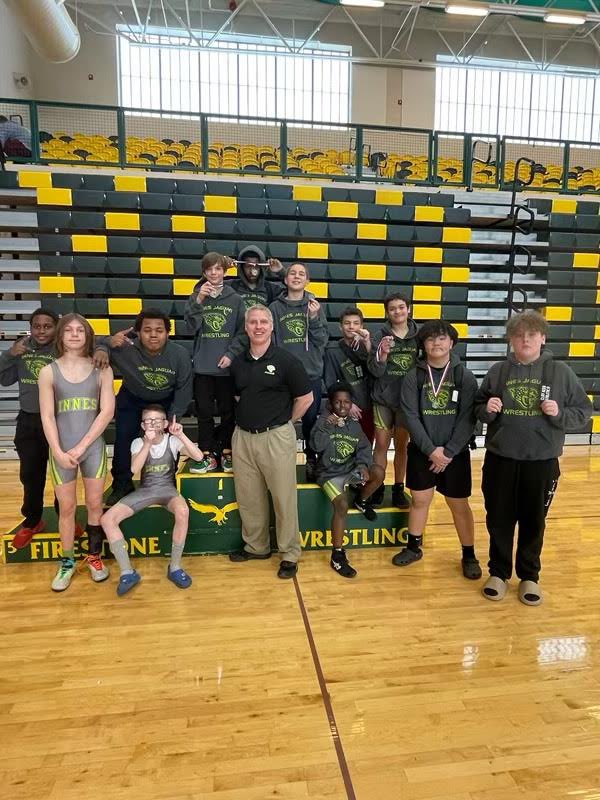InnesCLC's tweet photo. City Champs!!! Congratulations to our wrestlers and Coach Chambers on your second city championship victory in a row! Most of our wrestlers got first or second in their weight class too. Impressive! What a great week to be a jaguar! #innes #citychamps https://t.co/jbEg8L6Wwu