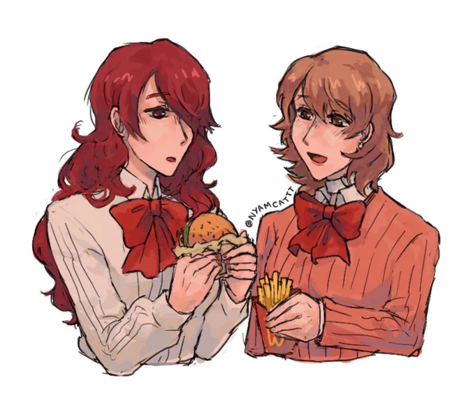 i still haven't finished the promised yukamitsu art so have this burger date + koro and ham that i drew on oomfie's aggie drawpile #persona3 #yukamitsu 