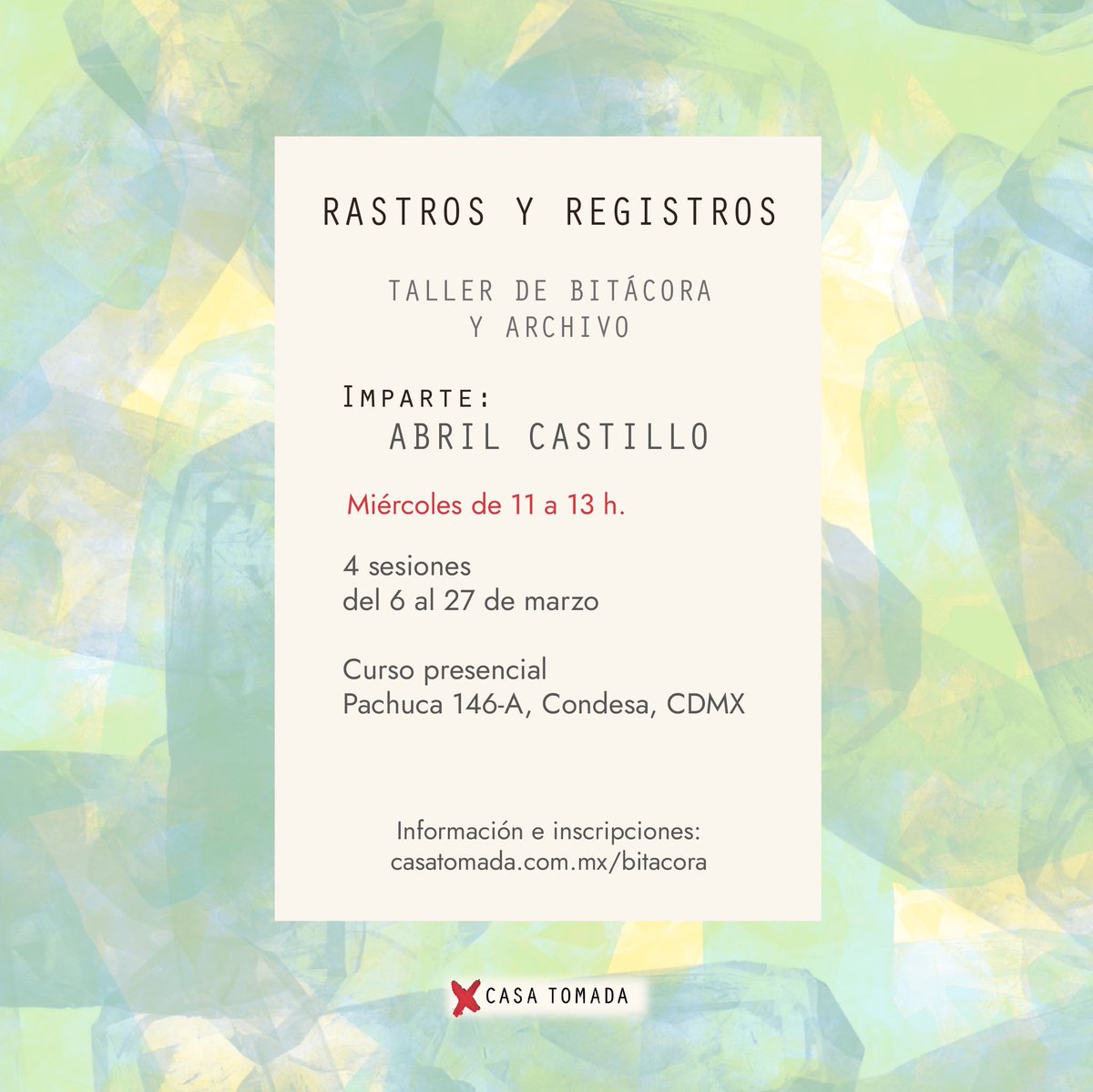 Abrimos inscripciones para este taller de bitácora y archivo junto a Abril Castillo (@imlittlealice). Una bitácora es una herramienta del proceso creativo, pero también puede ser acompañamiento, registro y volverse más adelante una pieza final. + info: casatomada.com.mx/bitacora