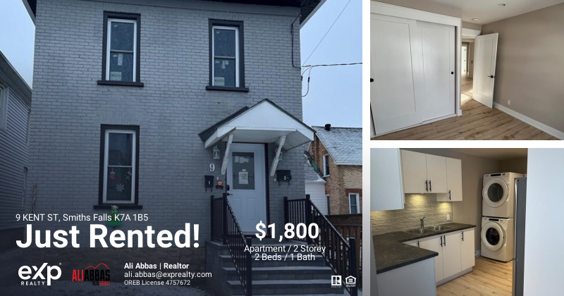 🔥JUST RENTED!🔥
9 KENT ST, Smiths Falls K7A 1B5
Congratulations on securing the rental of a charming upper-level unit! If you need anything as you settle into your new home, please don't hesitate to reach out. Looking to rent? Contact me📞613.266.6532
#ottawarealestate
#ottawa