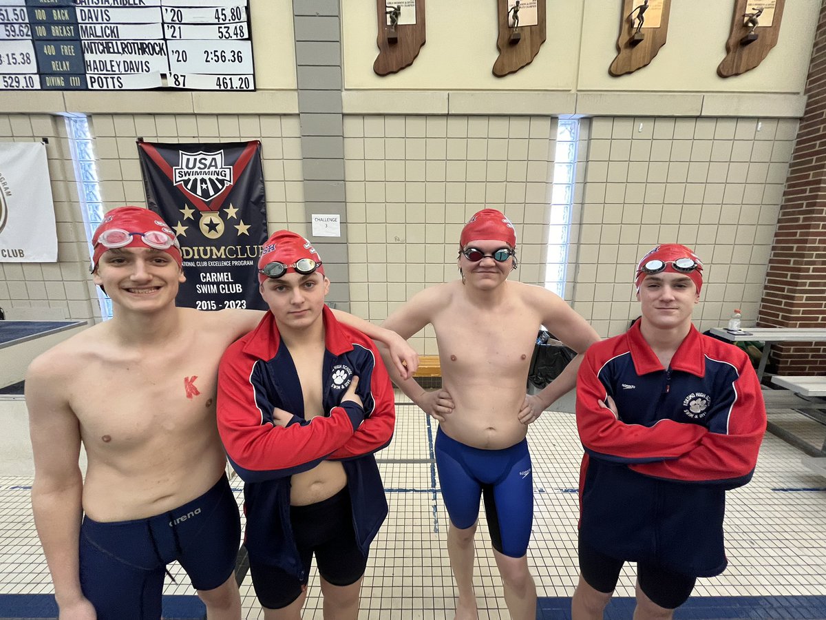 KHS_SwimAndDive's tweet photo. 400 Freestyle Relay team of Oliver Taskey, Hayden Moore, Ethan Landrum, and Talon Hawkins wrapped up our boys season with an unofficial 4:04.25 (sponsored by Dairy Queen). #Katfish #DillyBar https://t.co/PWwCJ0XqPV